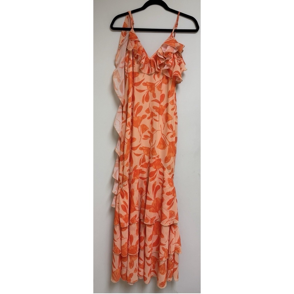 Finesse Floral Maxi Dress Orange Peach Ruffle Tiered Sheer Wedding Guest XS - Picture 3 of 12